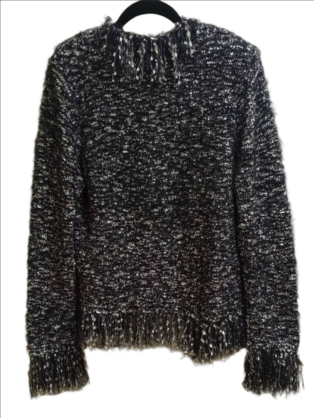 🆕 L'AGENCE "EYELASHES" BLACK & SILVER TEXTURED BOUCLE FRINGE JACKET CARDIGAN - Picture 8 of 15
